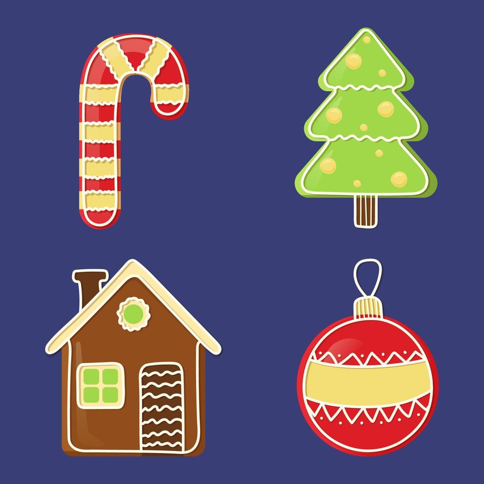 clipart de Noël en style cartoon. éléments de décor canne en bonbon, arbre de noël, maison, jouet. ensemble d'autocollants. illustration vectorielle colorée isolée sur fond sombre. vecteur