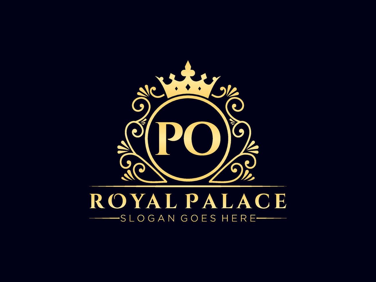 lettre po logo victorien de luxe royal antique avec cadre ornemental. vecteur