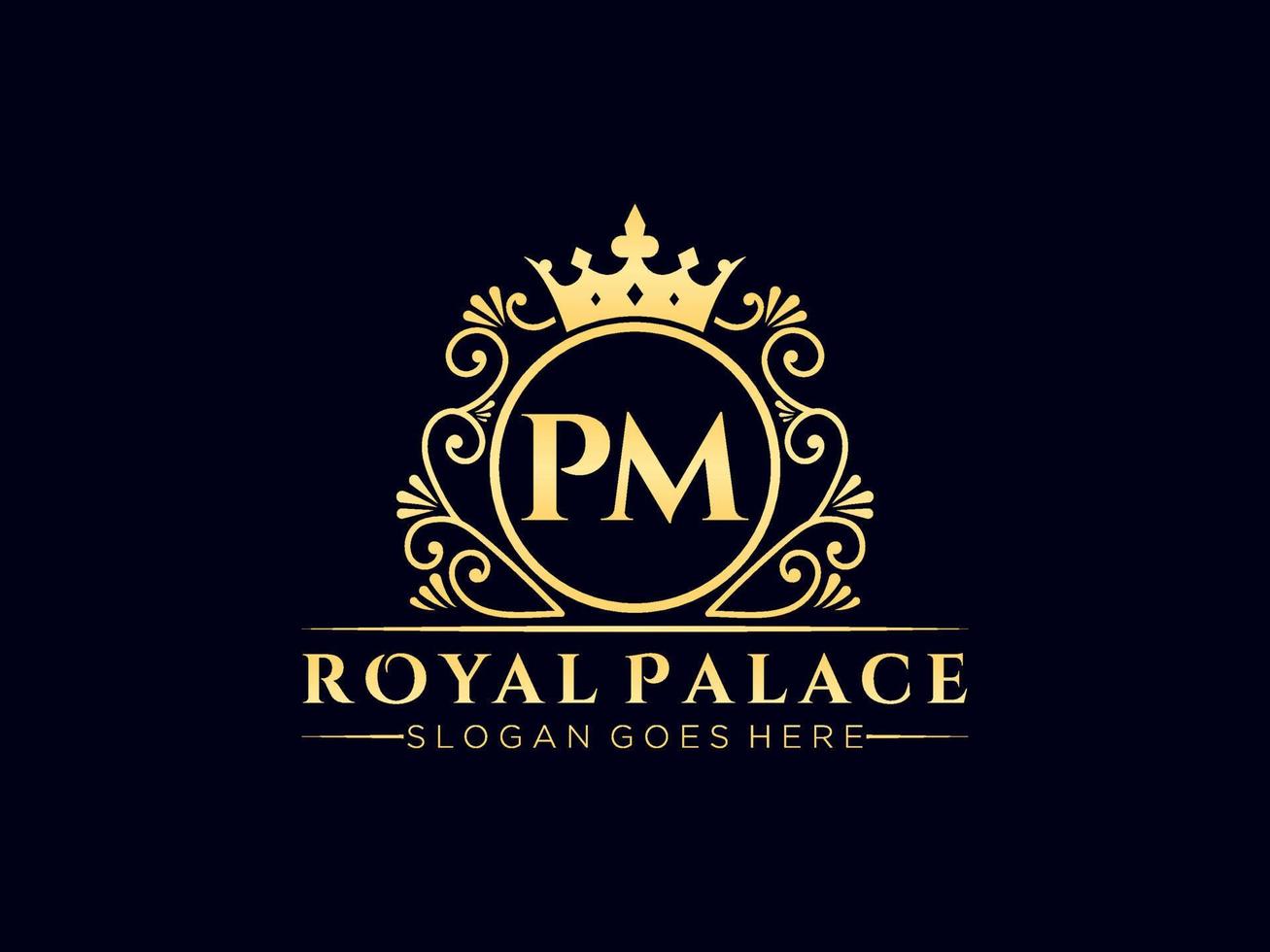 lettre pm logo victorien de luxe royal antique avec cadre ornemental. vecteur