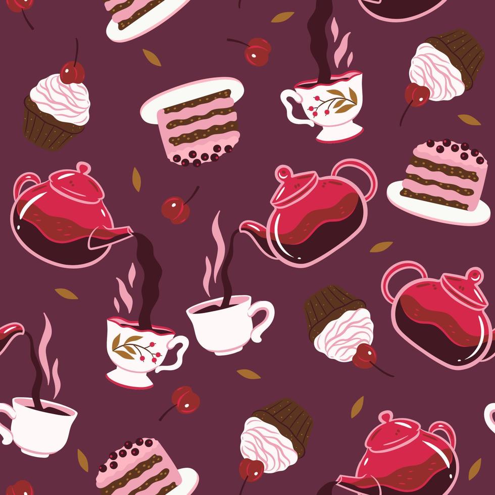 modèle sans couture avec thé et desserts. graphiques vectoriels. vecteur