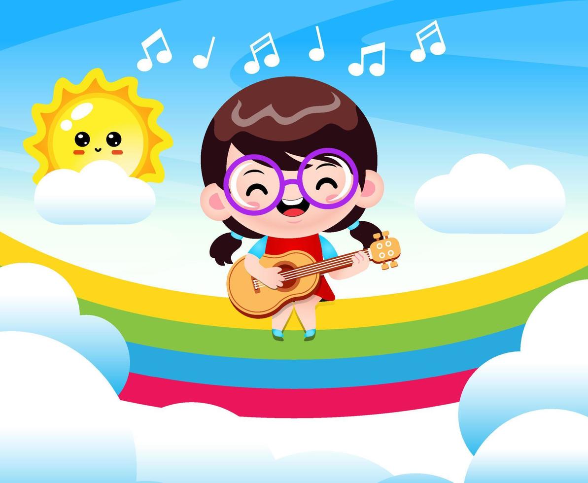 dessin animé heureuse jolie fille jouant de la guitare sur arc-en-ciel vecteur