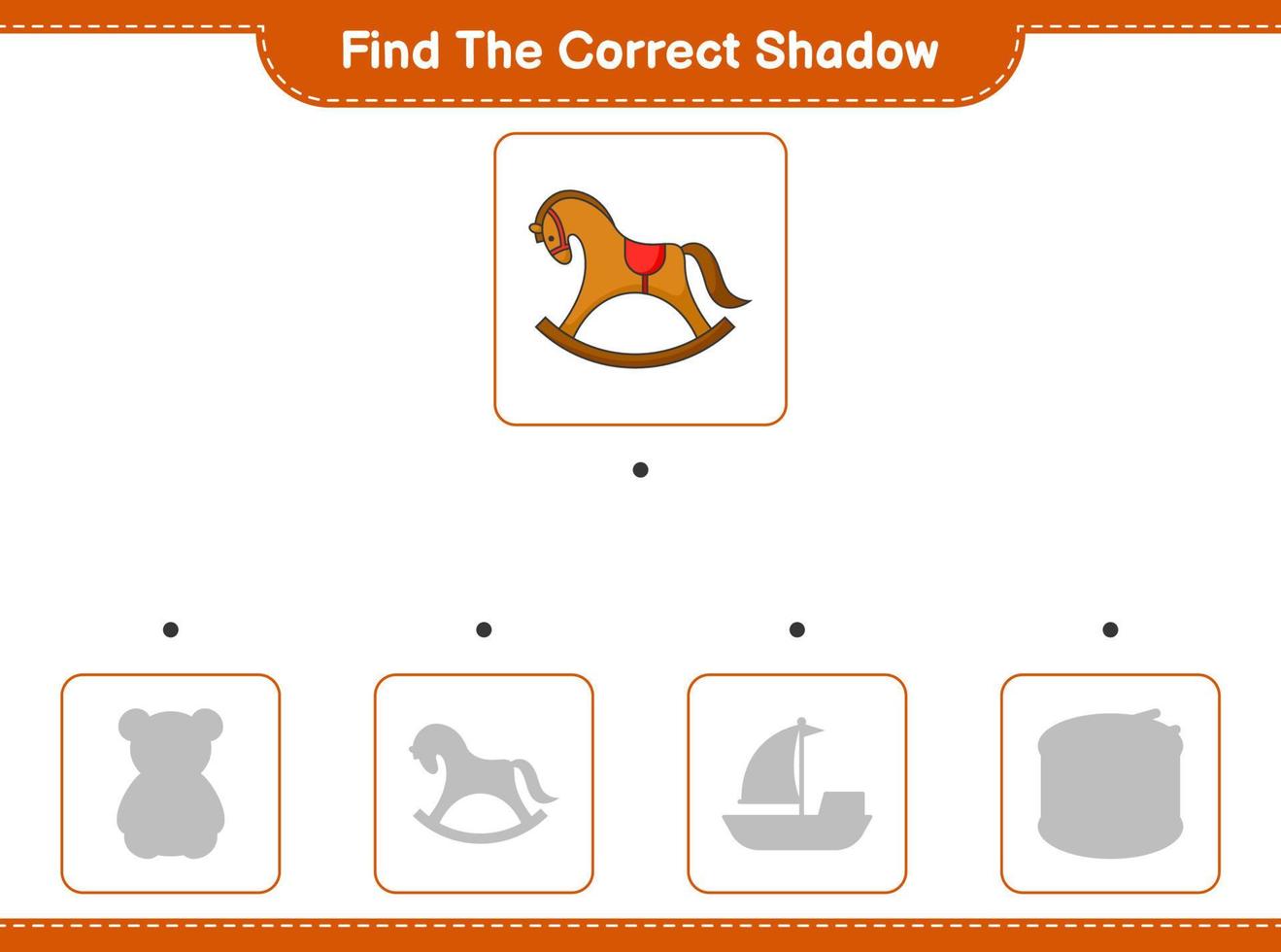 trouver la bonne ombre. trouver et faire correspondre l'ombre correcte du cheval à bascule. jeu éducatif pour enfants, feuille de calcul imprimable, illustration vectorielle vecteur