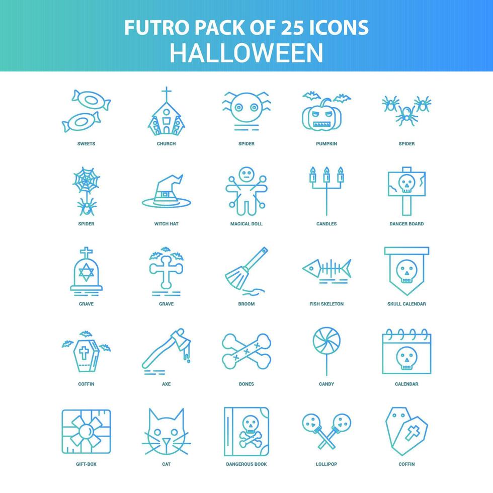 25 pack d'icônes futuro halloween vert et bleu vecteur