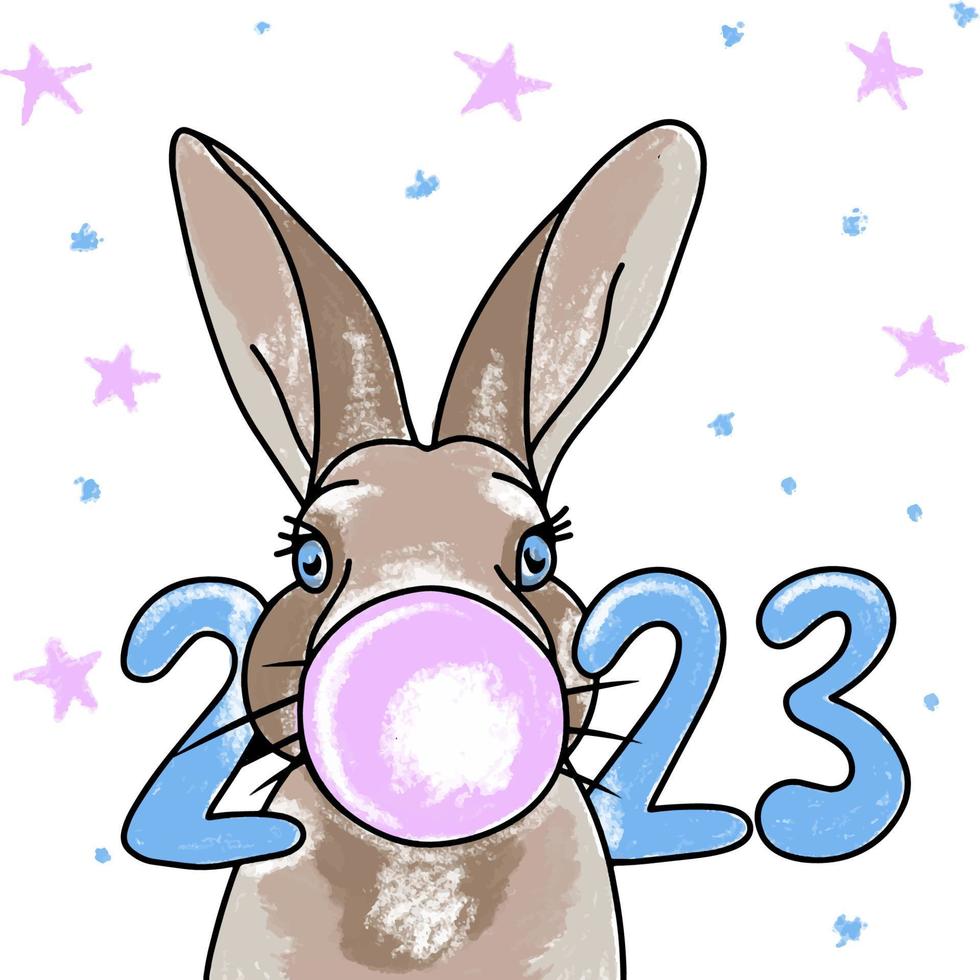 lapin soufflant un ballon, jolie illustration avec le numéro 2023, dans des couleurs délicates vecteur