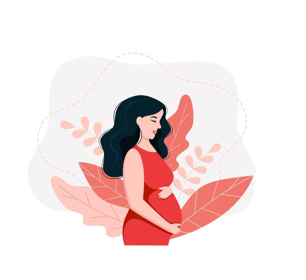 femme enceinte avec fond nature et feuilles. illustration vectorielle de concept en style cartoon. vecteur