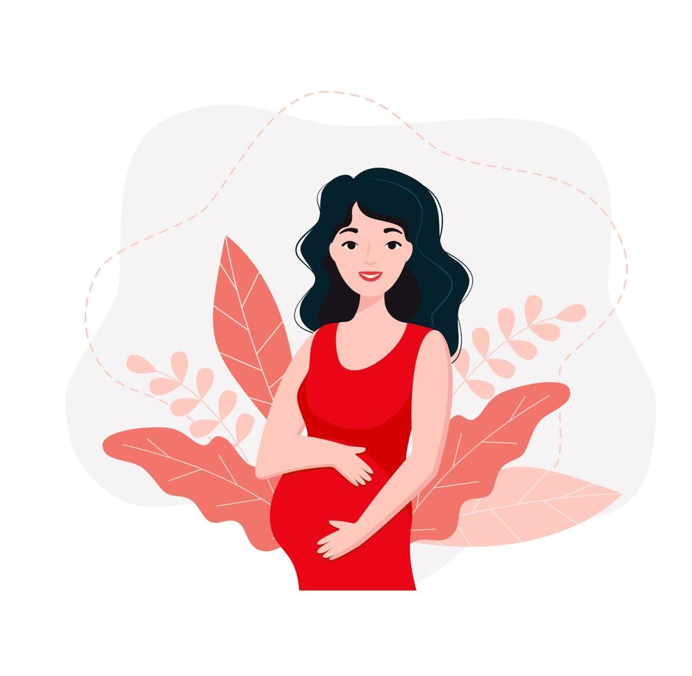 femme enceinte avec fond nature et feuilles. illustration vectorielle de concept en style cartoon. vecteur