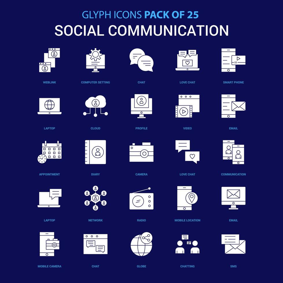 icône blanche de communication sociale sur fond bleu pack d'icônes 25 vecteur