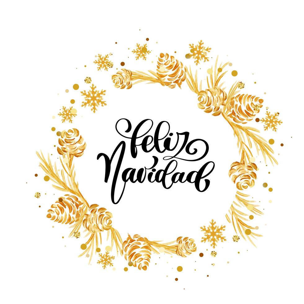 couronne de noël dorée avec calligraphie feliz navidad vecteur
