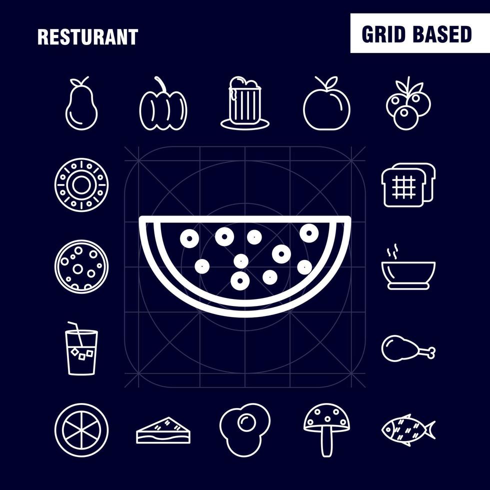 icônes de ligne de restaurant définies pour l'infographie le kit uxui mobile et la conception d'impression comprennent des raisins nourriture repas fruits thé gâteau nourriture repas eps 10 vecteur