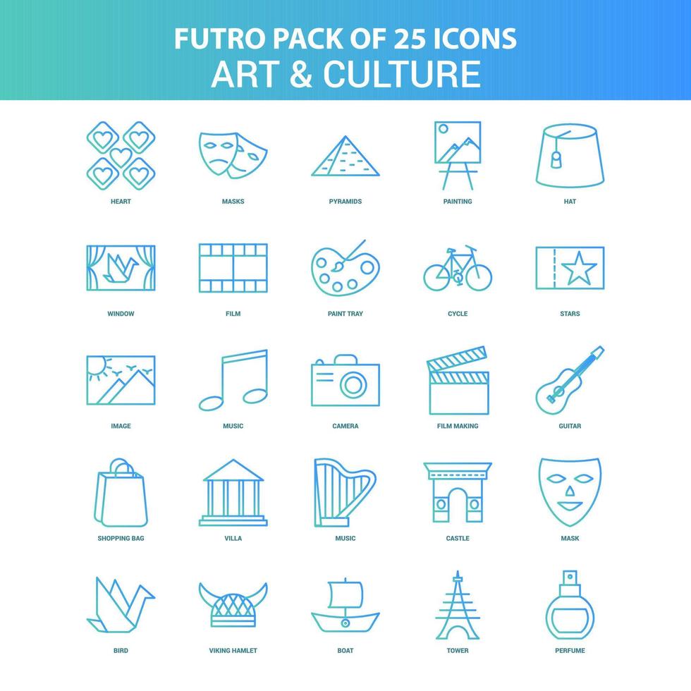 25 pack d'icônes d'art et de culture futuro vert et bleu vecteur