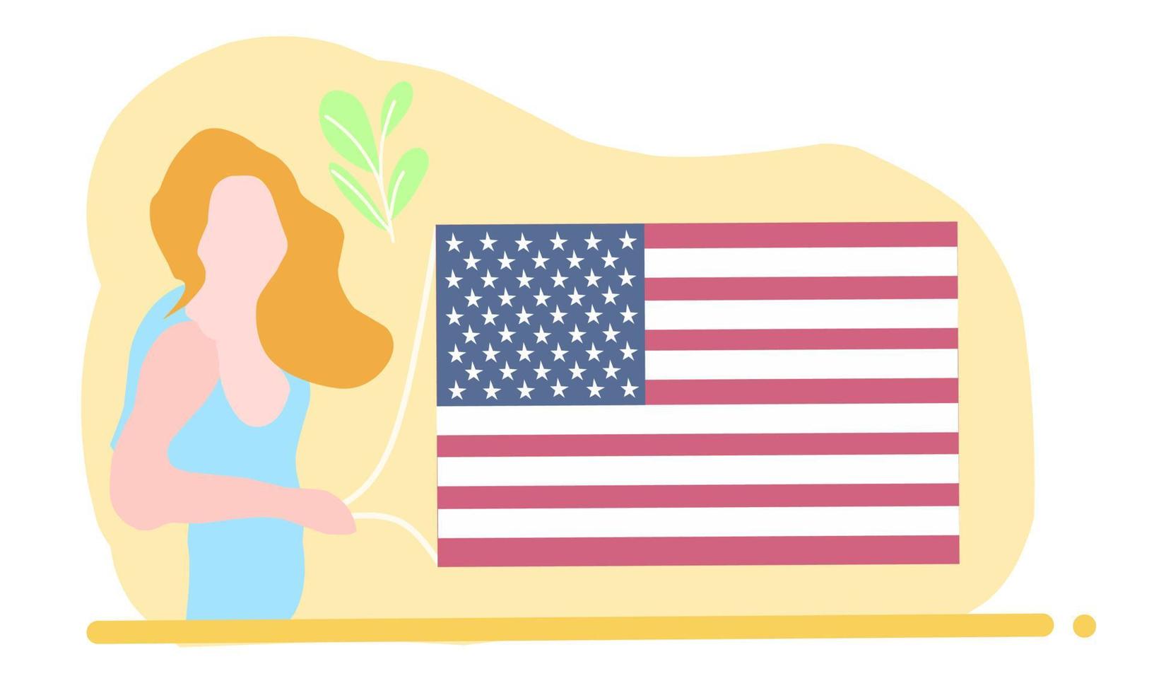 illustration vectorielle du drapeau ou du symbole du pays américain ou américain, avec une femme tenant une chaîne de drapeau. pour livret, dépliant, magazine, affiche, brochure, bannière, web, promotion, isolé sur fond blanc vecteur