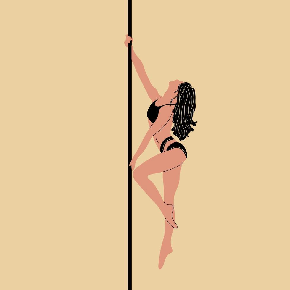 jeune femme de pole dance en justaucorps noir, illustration de vecteur de style dessin animé isolée sur fond. jeune, mince et belle pole dance