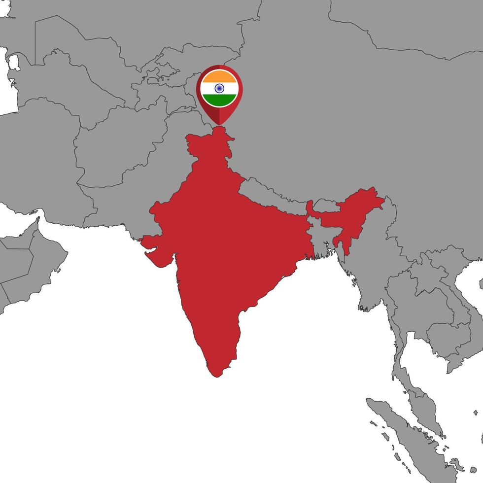 épingler la carte avec le drapeau indien sur la carte du monde.illustration vectorielle. vecteur