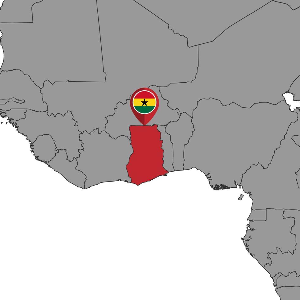 épinglez la carte avec le drapeau du ghana sur la carte du monde. illustration vectorielle. vecteur