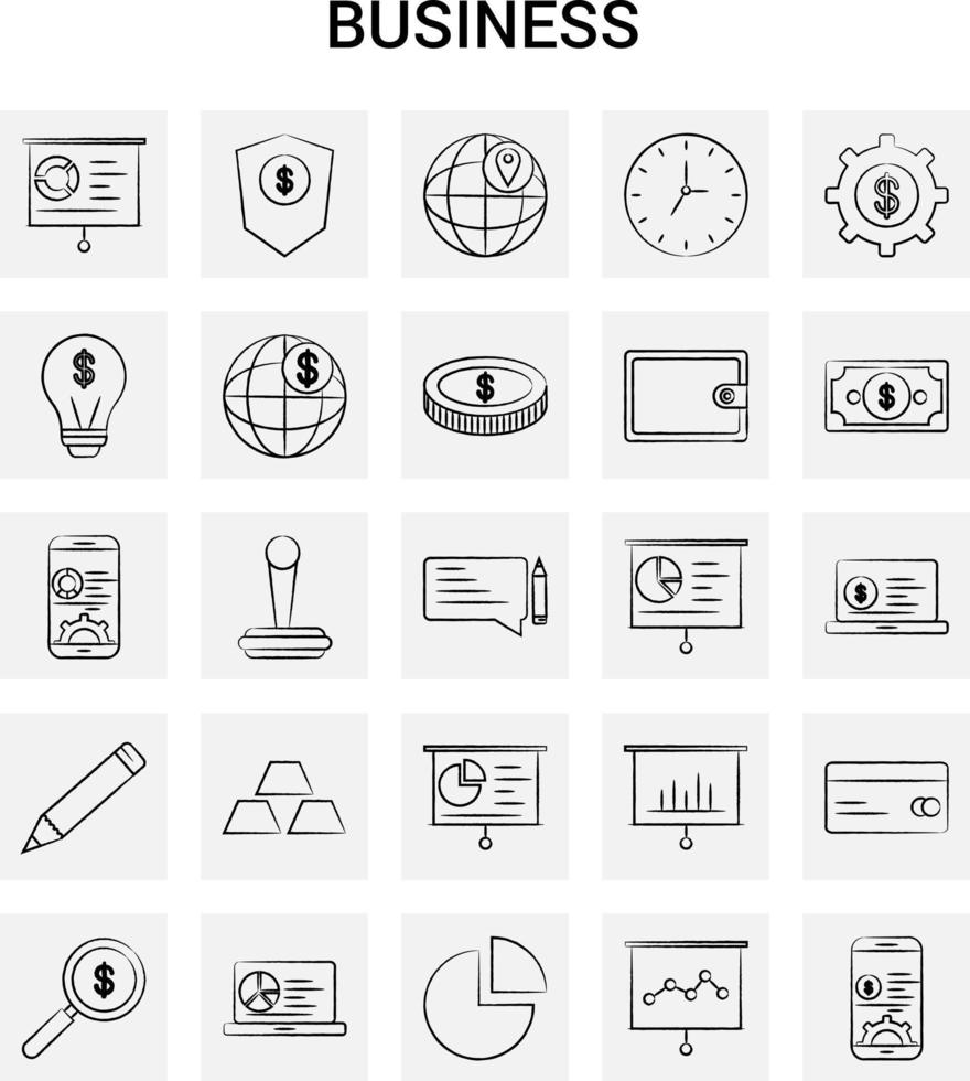 25 jeu d'icônes d'affaires dessinés à la main fond gris vecteur doodle