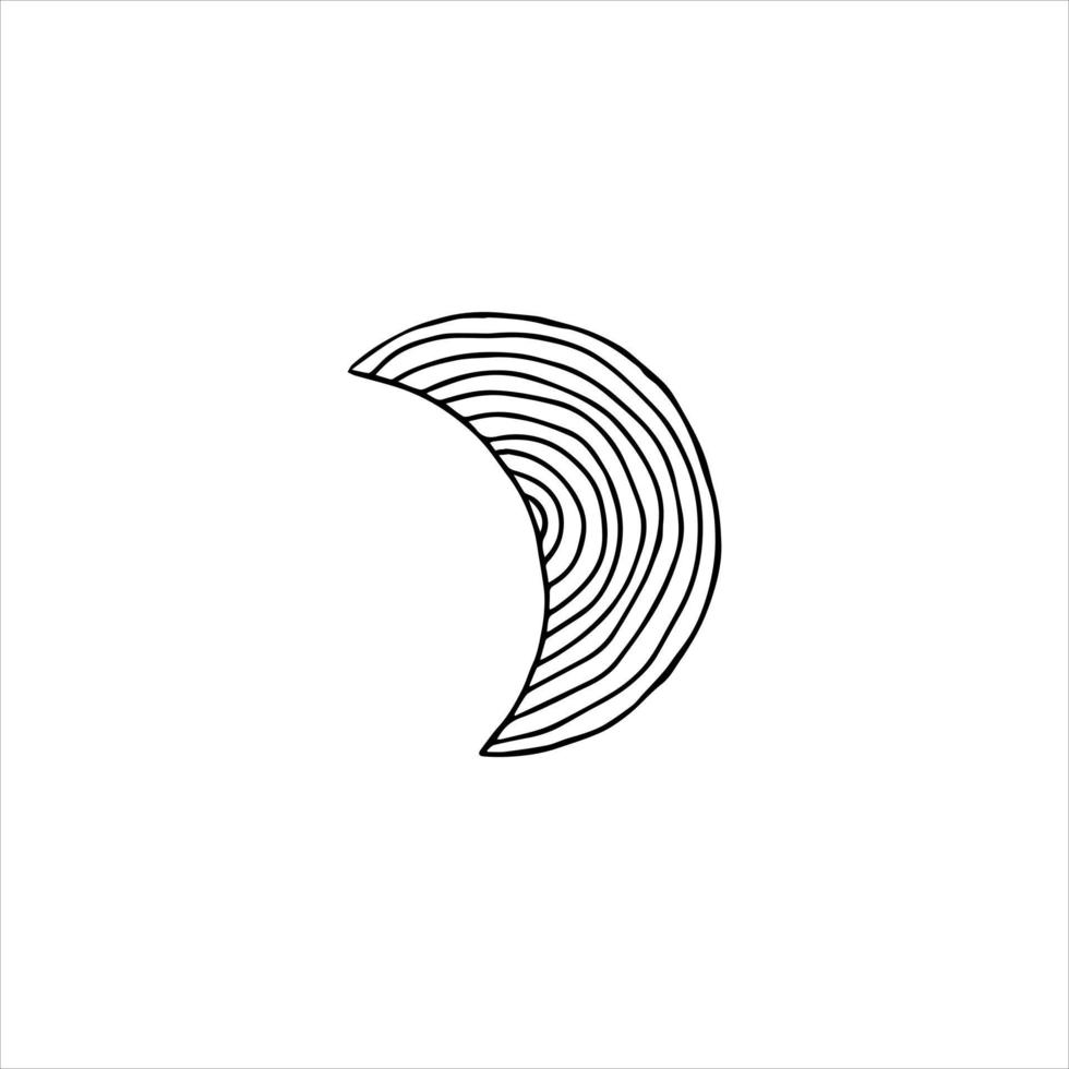 croissant de lune doodle dessiné à la main décoré de rayures, de demi-cercles. isolé sur fond blanc vecteur