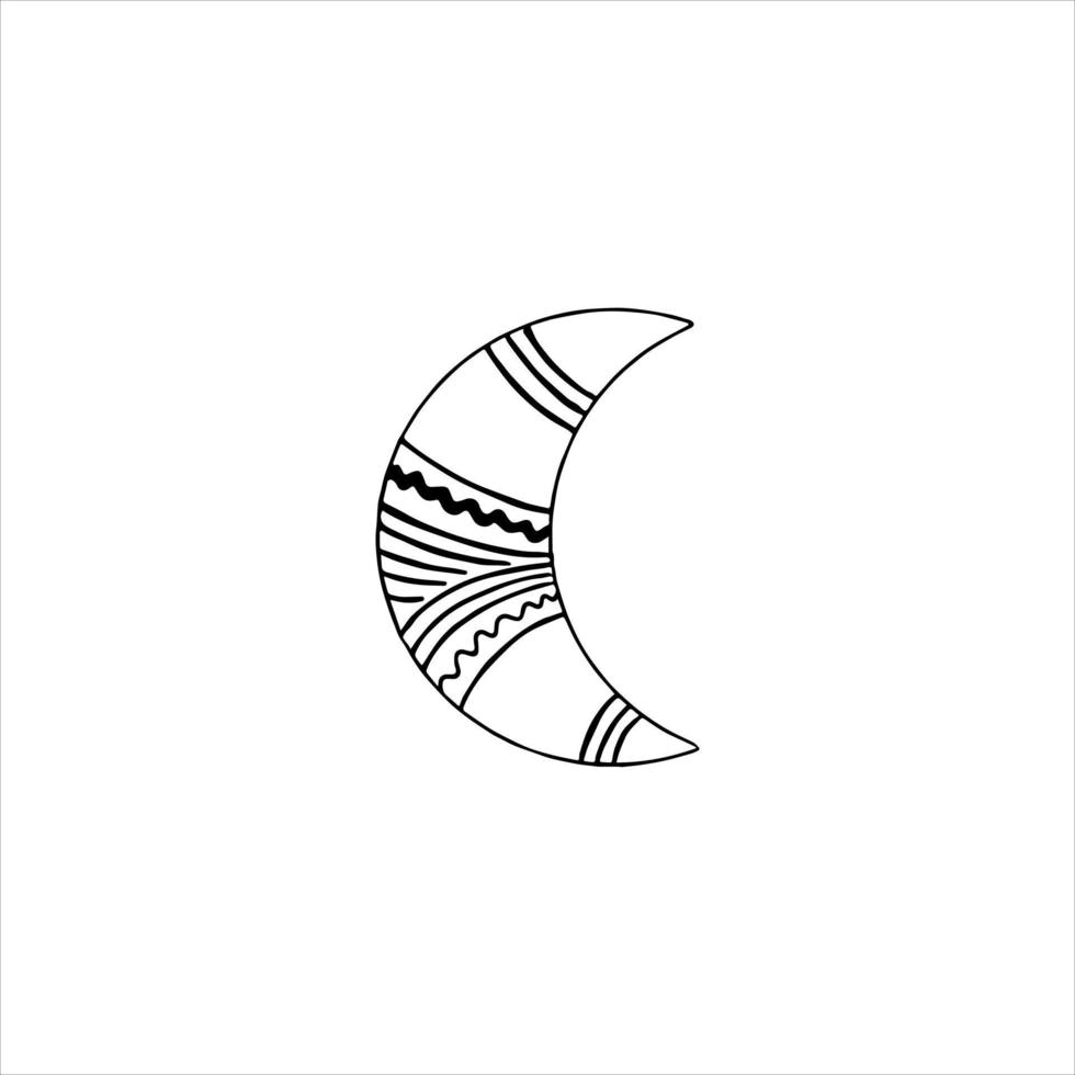 croissant de lune doodle dessiné à la main décoré de rayures et de vagues. isolé sur fond blanc vecteur