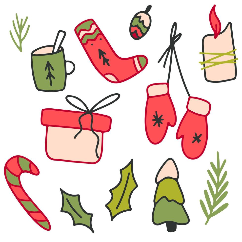 collection de noël d'élément de décoration de vacances d'hiver dans un style nordique plat doodle dessiné à la main en illustration de couleur rouge et verte vecteur