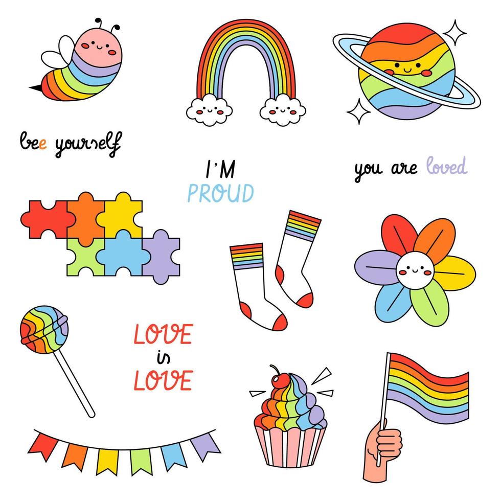 ensemble d'éléments lgbt. drapeau arc-en-ciel, gâteau, planète, abeille mignonne et phrases. badges du mois de la fierté. illustrations vectorielles plates isolées sur fond blanc vecteur