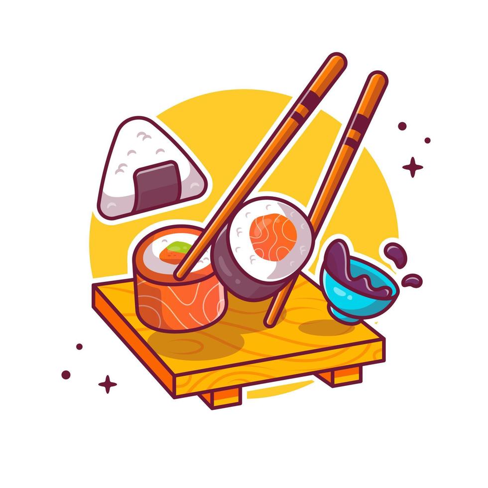 sushi et onigiri avec illustration d'icône de vecteur de dessin animé de baguettes. concept d'icône de cuisine japonaise isolé vecteur premium. style de dessin animé plat