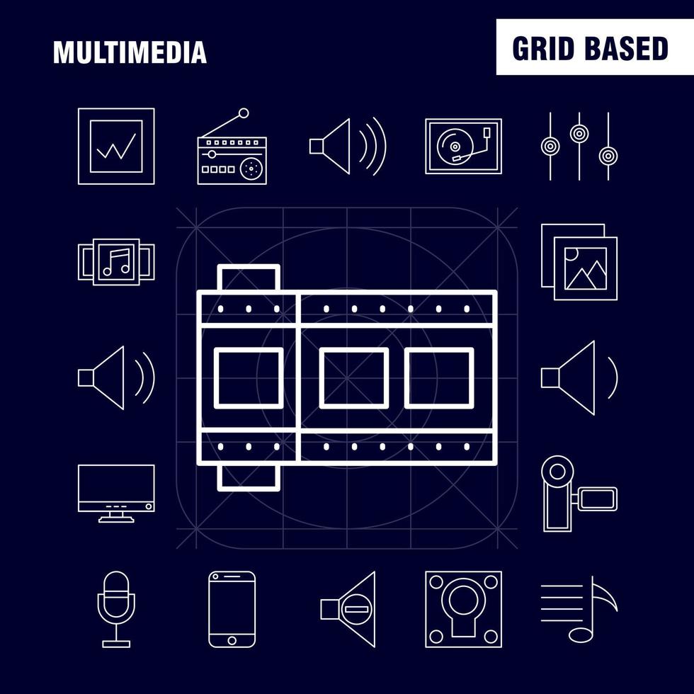 icône de ligne multimédia pour l'impression web et le kit uxui mobile tel que le matériel de téléphone portable caméra vidéo image film pictogramme pack vecteur