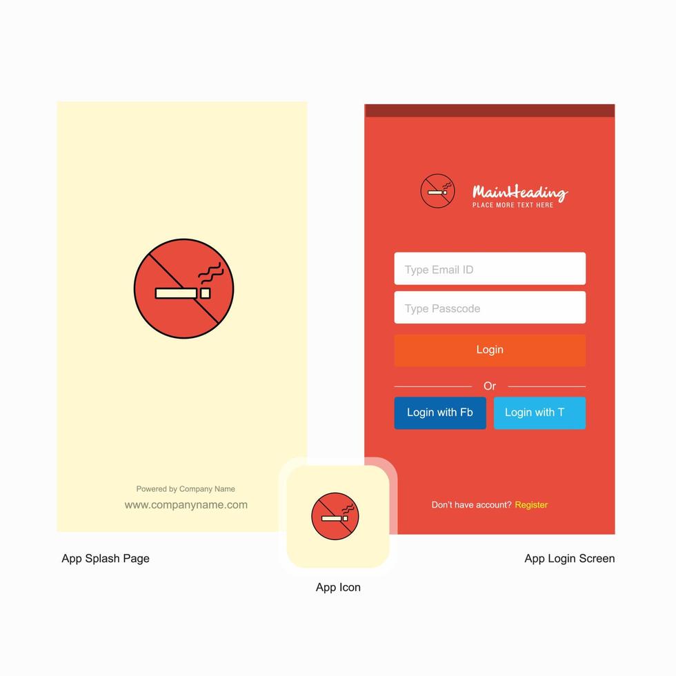 entreprise non fumeur écran de démarrage et conception de page de connexion avec modèle de logo modèle d'entreprise en ligne mobile vecteur