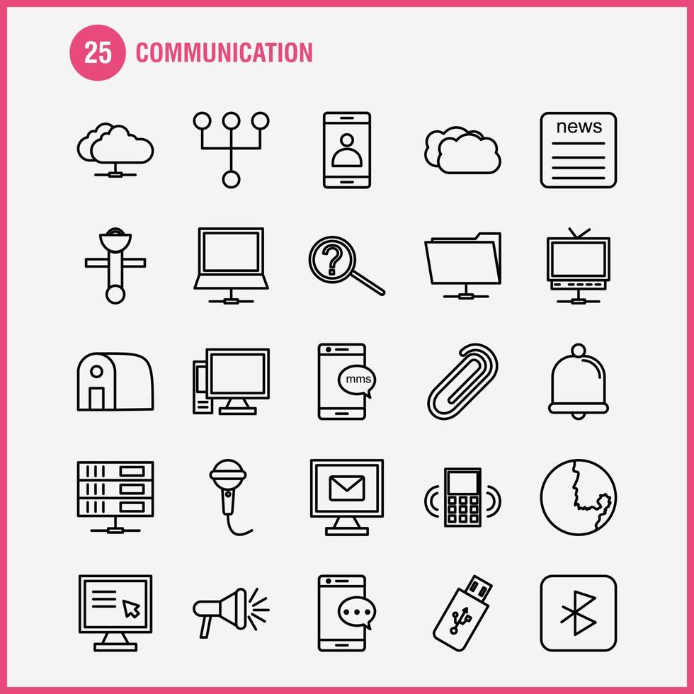 les icônes de ligne de communication sont définies pour l'infographie le kit uxui mobile et la conception d'impression comprennent des signaux de données satellite booster tv télévision radio collection de médias infographie moderne logo et picto vecteur