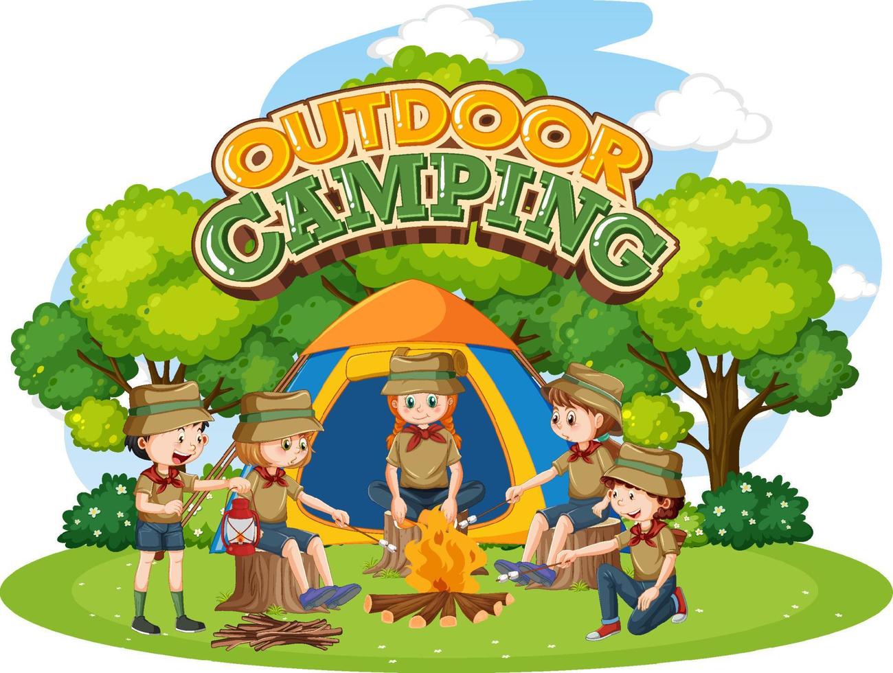 camping enfants avec texte de camping en plein air vecteur