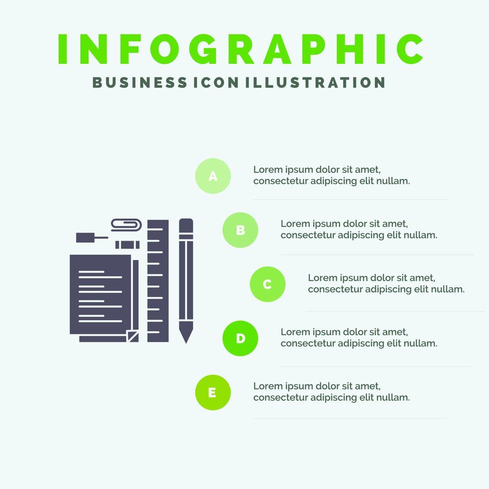 crayon fixe stylo bloc-notes broche solide icône infographie 5 étapes présentation arrière-plan vecteur