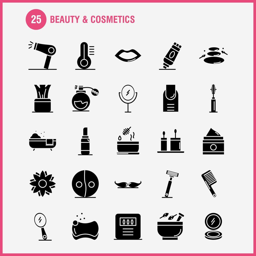 ensemble d'icônes de glyphe solide de beauté et de cosmétiques pour l'infographie le kit uxui mobile et la conception d'impression incluent le rouge à lèvres cosmétique de beauté mortier cosmétique vecteur de jeu d'icônes de fleur de navire naturel