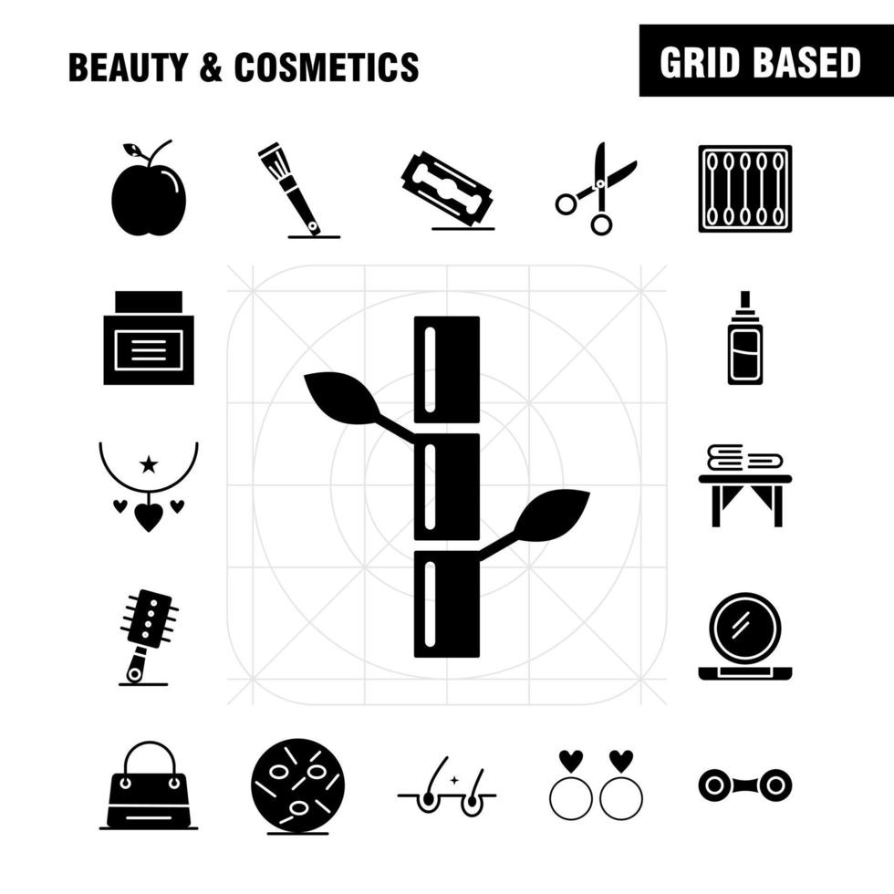 beauté et cosmétiques icônes de glyphes solides définies pour l'infographie le kit uxui mobile et la conception d'impression incluent des bourgeons de beauté coton maquillage femme cosmétique beauté amour jeu d'icônes vecteur