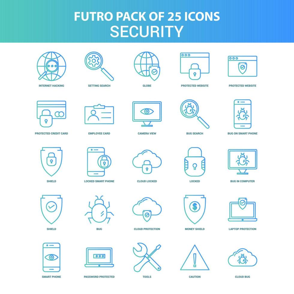pack de 25 icônes de sécurité futuro vert et bleu vecteur