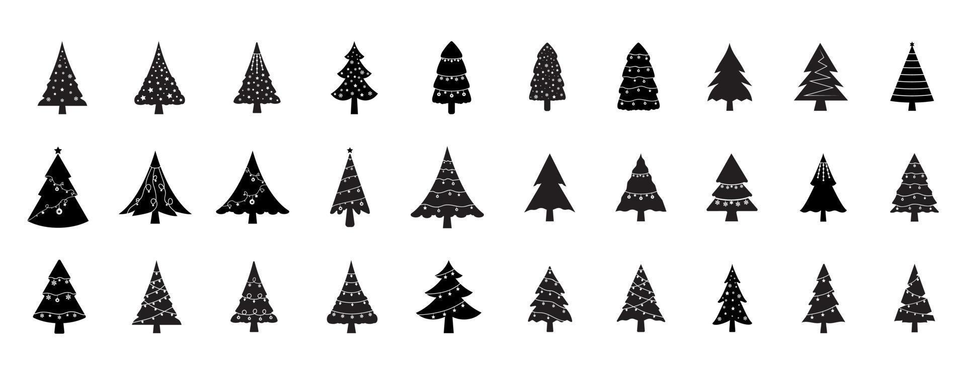 un ensemble d'illustration vectorielle d'icône d'arbre de noël noir, un ensemble de symbole d'icône d'arbre de noël. diverses silhouettes d'arbres de noël. ensemble de glyphe plat noir sapin de noël vecteur
