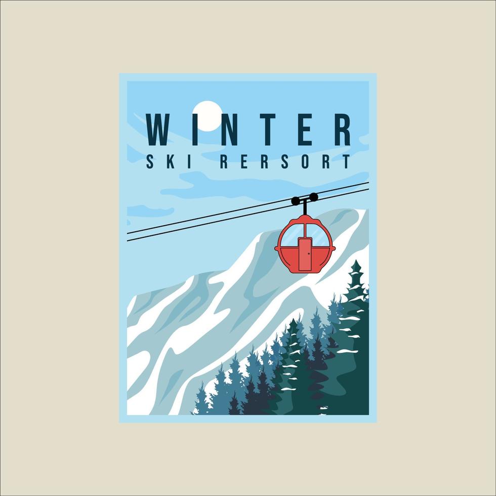 téléphérique station de ski affiche illustration vectorielle modèle conception graphique. transport en gondole à la montagne enneigée en hiver bannière pour les voyages ou le tourisme vecteur