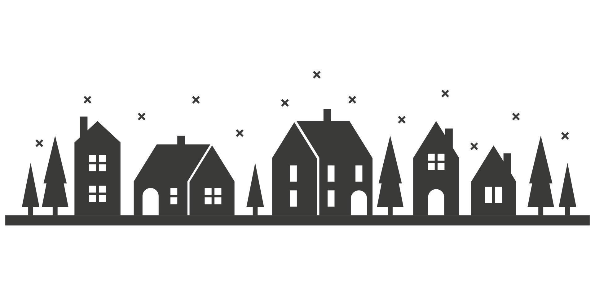 silhouette de maisons sur l'horizon d'hiver. paysage de quartier de banlieue avec des chutes de neige. maisons de campagne. illustration vectorielle de glyphe. vecteur