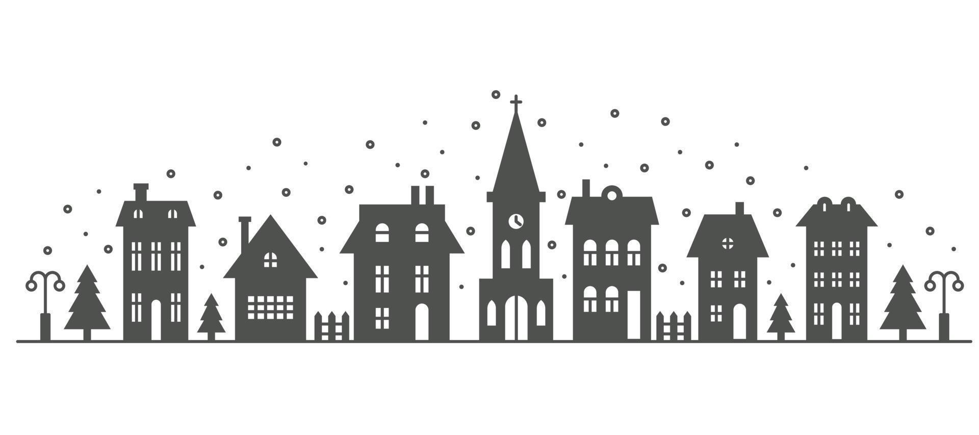 paysage d'hiver de quartier de banlieue. silhouette de maisons et d'église sur l'horizon avec des flocons de neige. maisons de campagne. illustration vectorielle de glyphe. vecteur