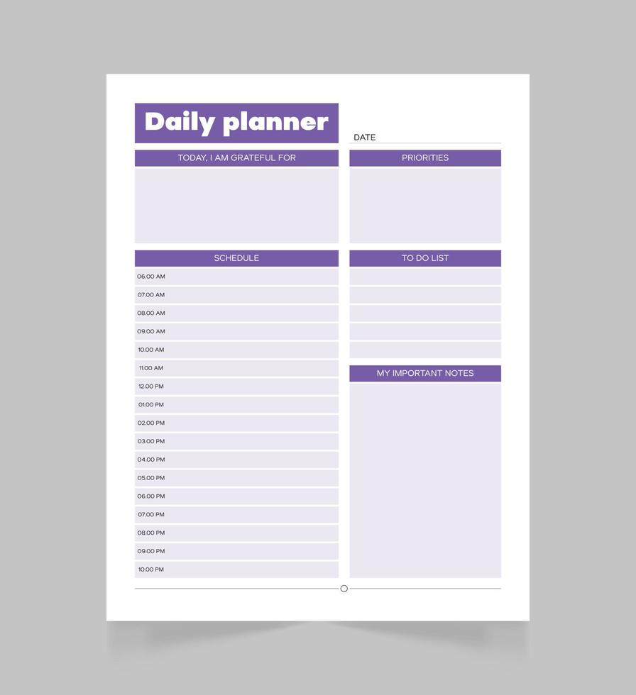 modèle de page de planificateur quotidien minimaliste. page de bloc-notes blanche vierge. vecteur