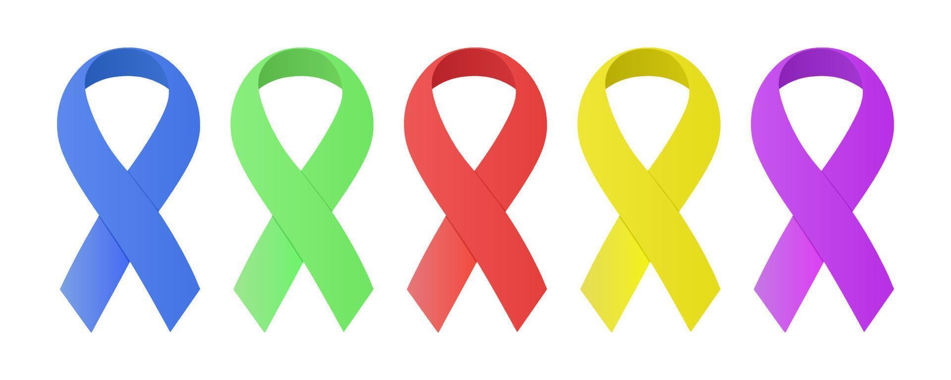 ensemble de rubans de sensibilisation de différentes couleurs, signe de soutien aux personnes atteintes de cancer, de diabète, d'autisme, de sida, de vih, d'autres problèmes de santé mentale et corporelle. vecteur