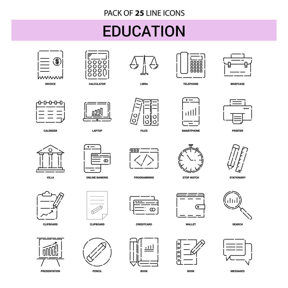 jeu d'icônes de ligne d'éducation 25 style de contour en pointillé vecteur