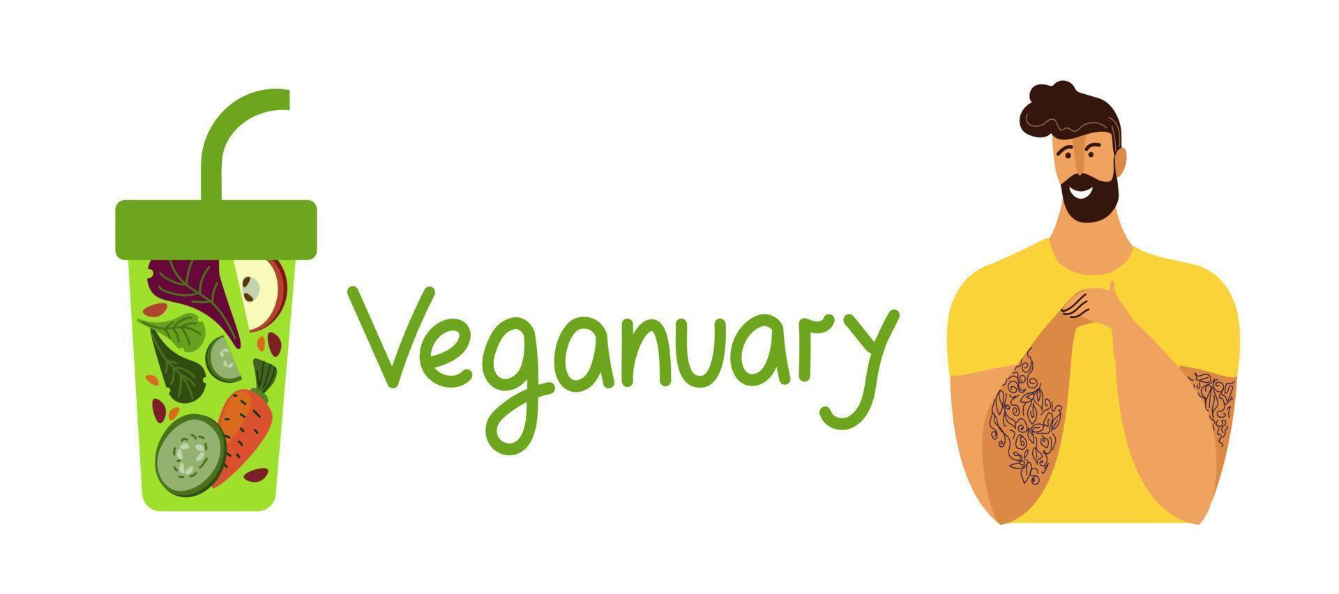 bannière de dessin animé de doodle plat de vecteur de la journée mondiale végétalienne. concept de plan de nutrition, alimentation saine, programme.