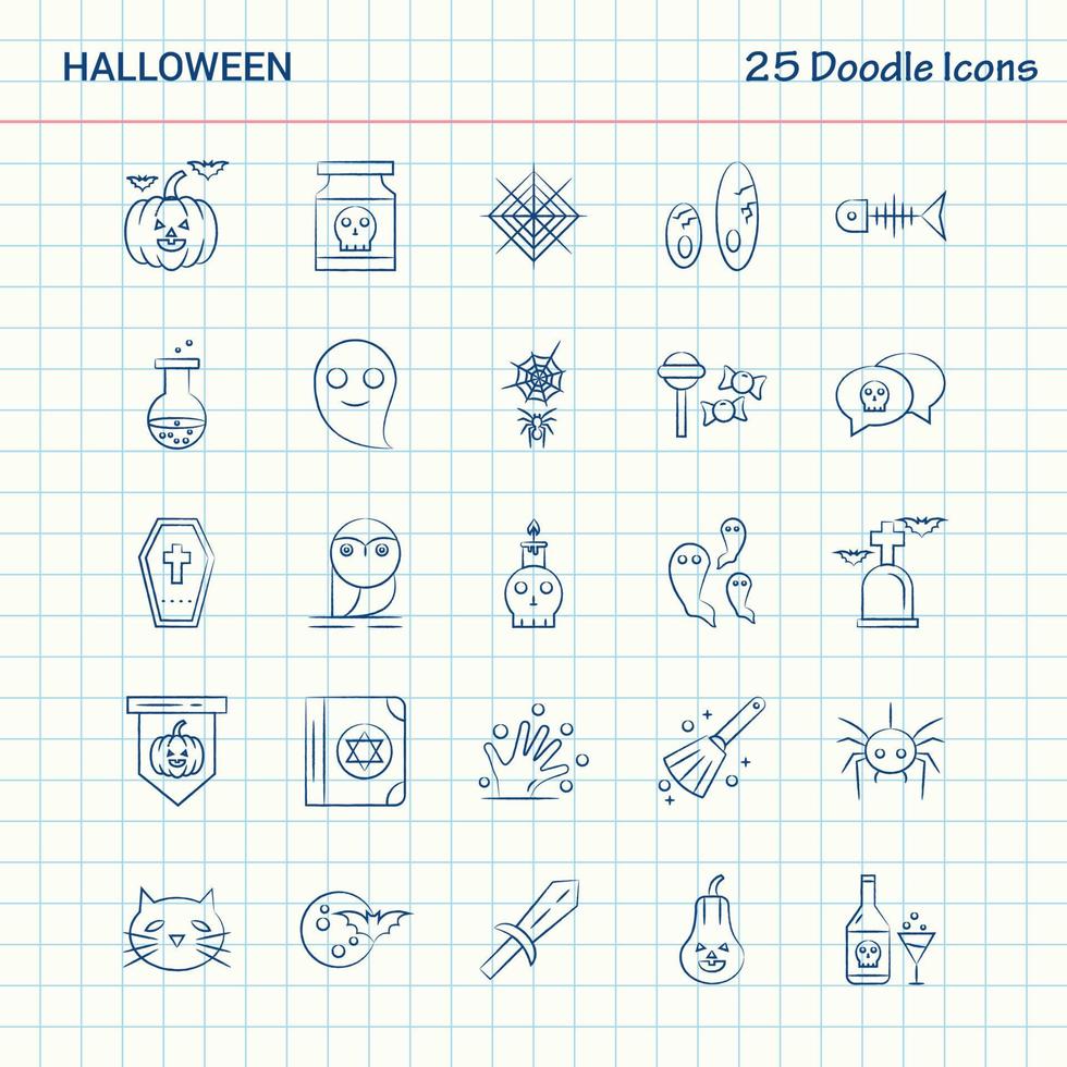 halloween 25 icônes doodle jeu d'icônes d'affaires dessinés à la main vecteur