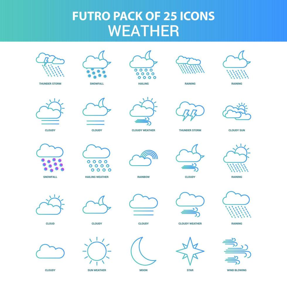 pack de 25 icônes météo futuro vertes et bleues vecteur