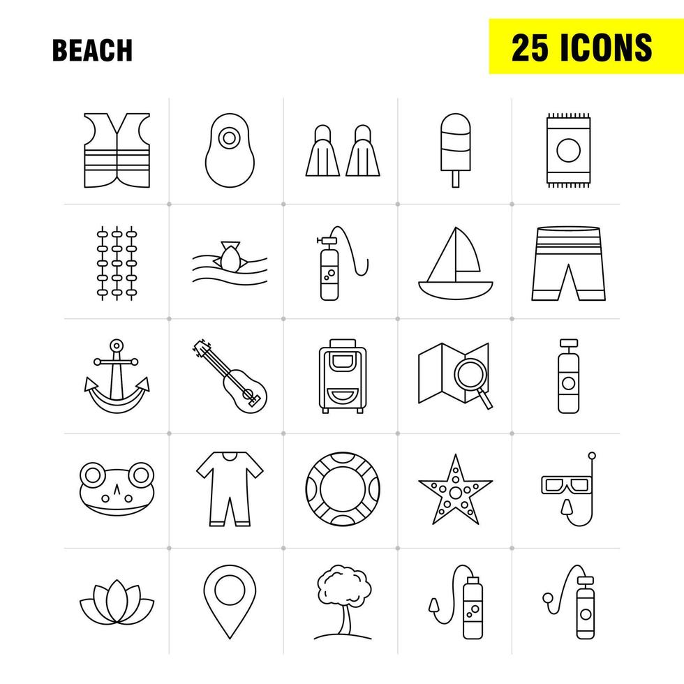 icône de ligne de plage pour l'impression web et le kit uxui mobile tel que short vacances vacances porter piscine mer instrument pictogramme pack vecteur