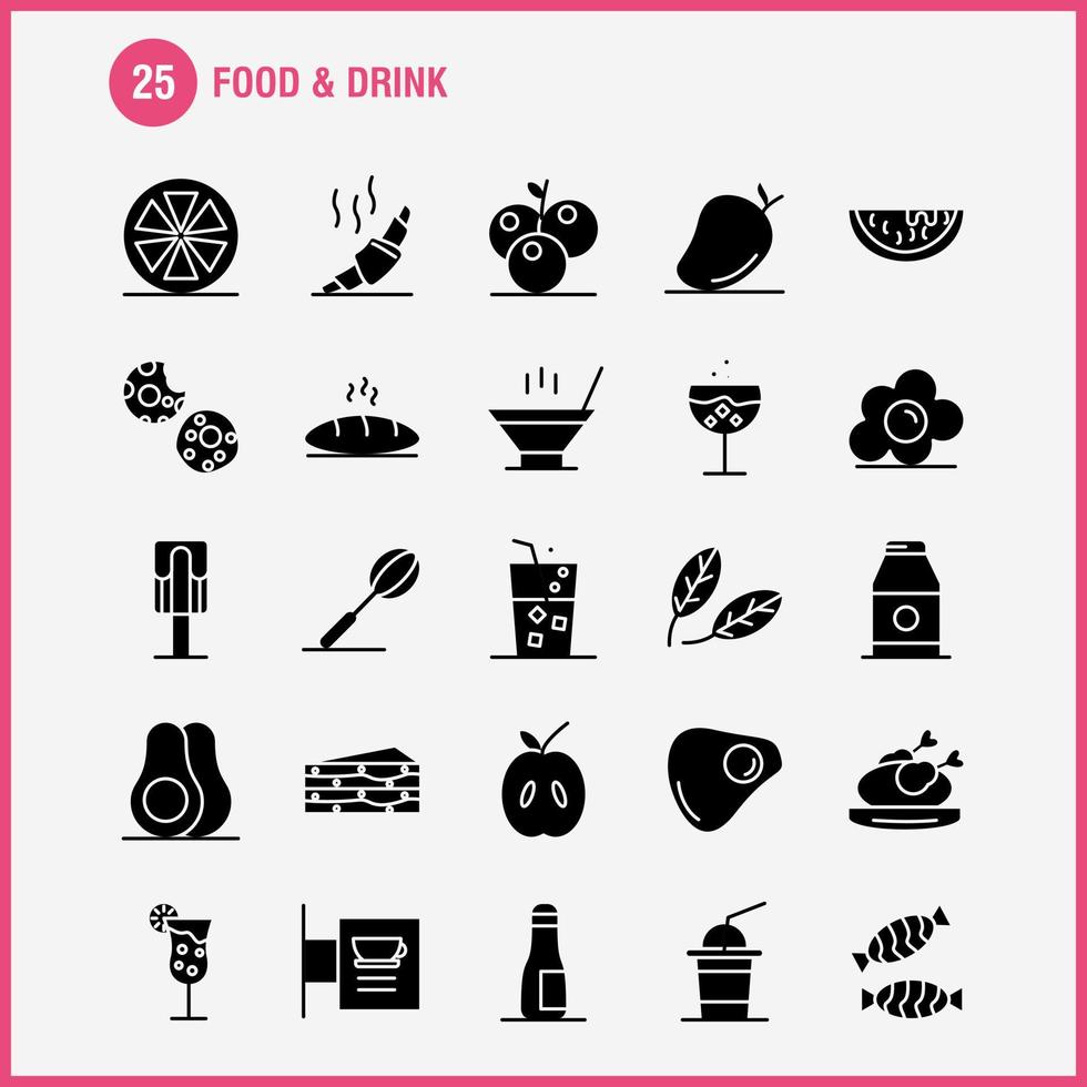 nourriture et boisson icônes de glyphes solides définies pour l'infographie kit uxui mobile et conception d'impression comprennent verre à cocktail gobelet verre vin boisson cuisson croissant icône ensemble vecteur