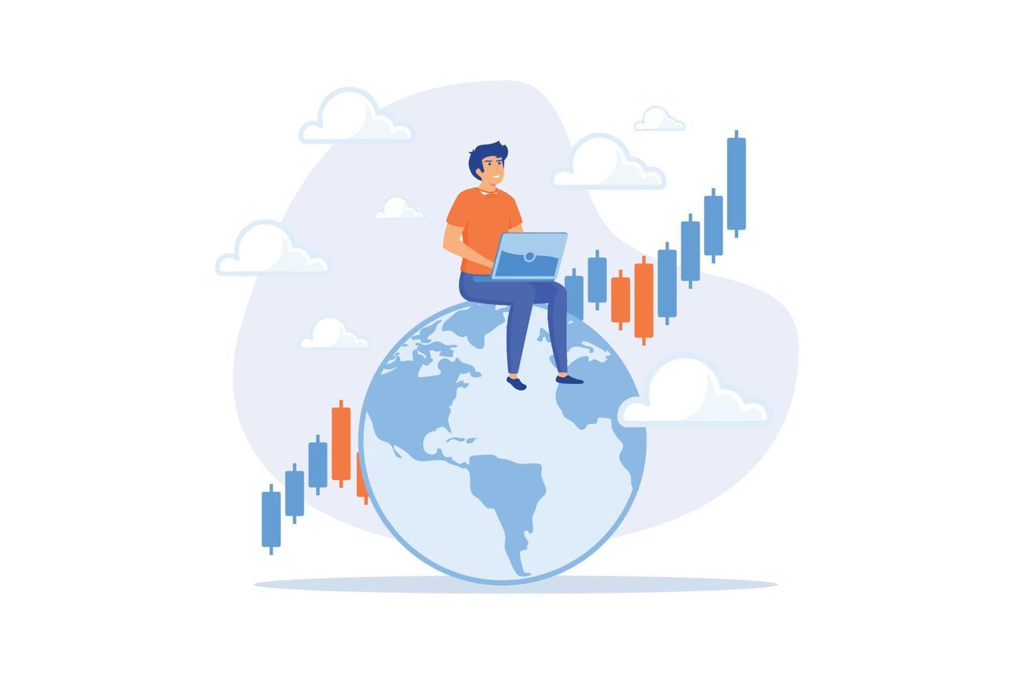 marché boursier mondial, investissement mondial ou international, analyse financière ou croissance des bénéfices, concept de négociation d'actions, illustration moderne de vecteur plat