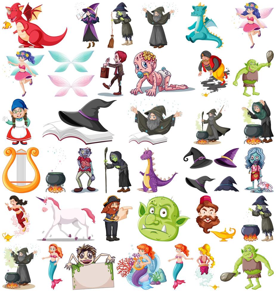 ensemble de différents personnages de dessins animés de contes de fées vecteur