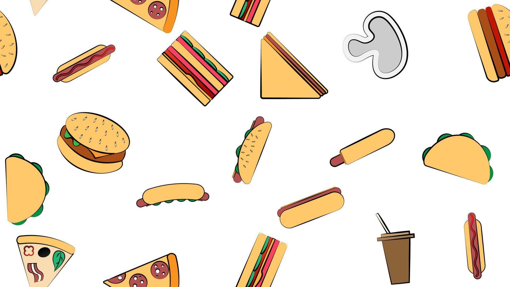 motif blanc harmonieux sans fin à partir d'un ensemble d'icônes de plats délicieux et de collations pour un restaurant bar café burger, hot-dog, sandwich, pizza, burrito, boisson. l'arrière-plan vecteur