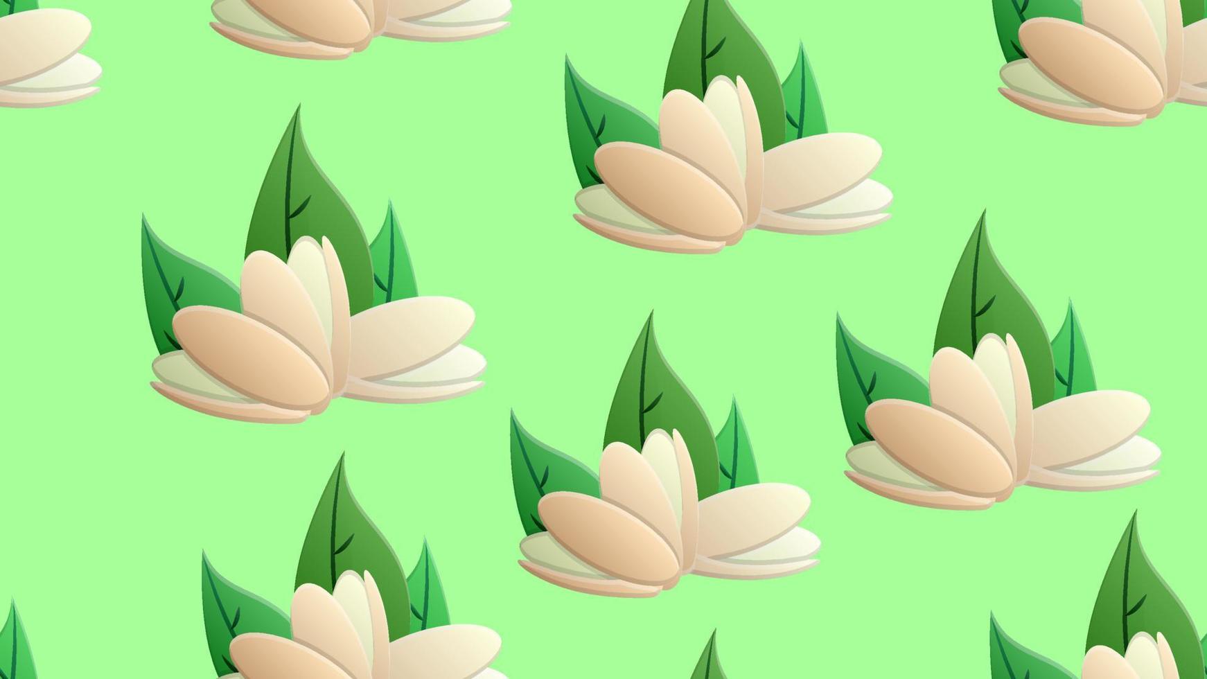 pistaches sur fond vert, illustration vectorielle, motif. noix pour la nourriture et les boissons. pistaches vertes avec des feuilles. modèle, décor pour la cuisine et la restauration vecteur