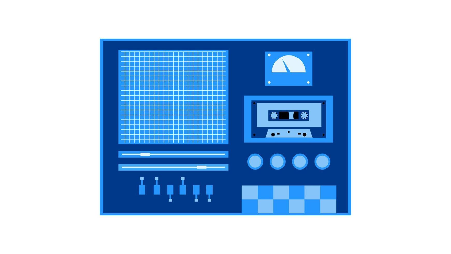 ancien magnétophone à cassettes de musique rétro bleu vintage avec bande magnétique sur bobines et haut-parleurs des années 70, 80, 90. belle icône. illustration vectorielle vecteur