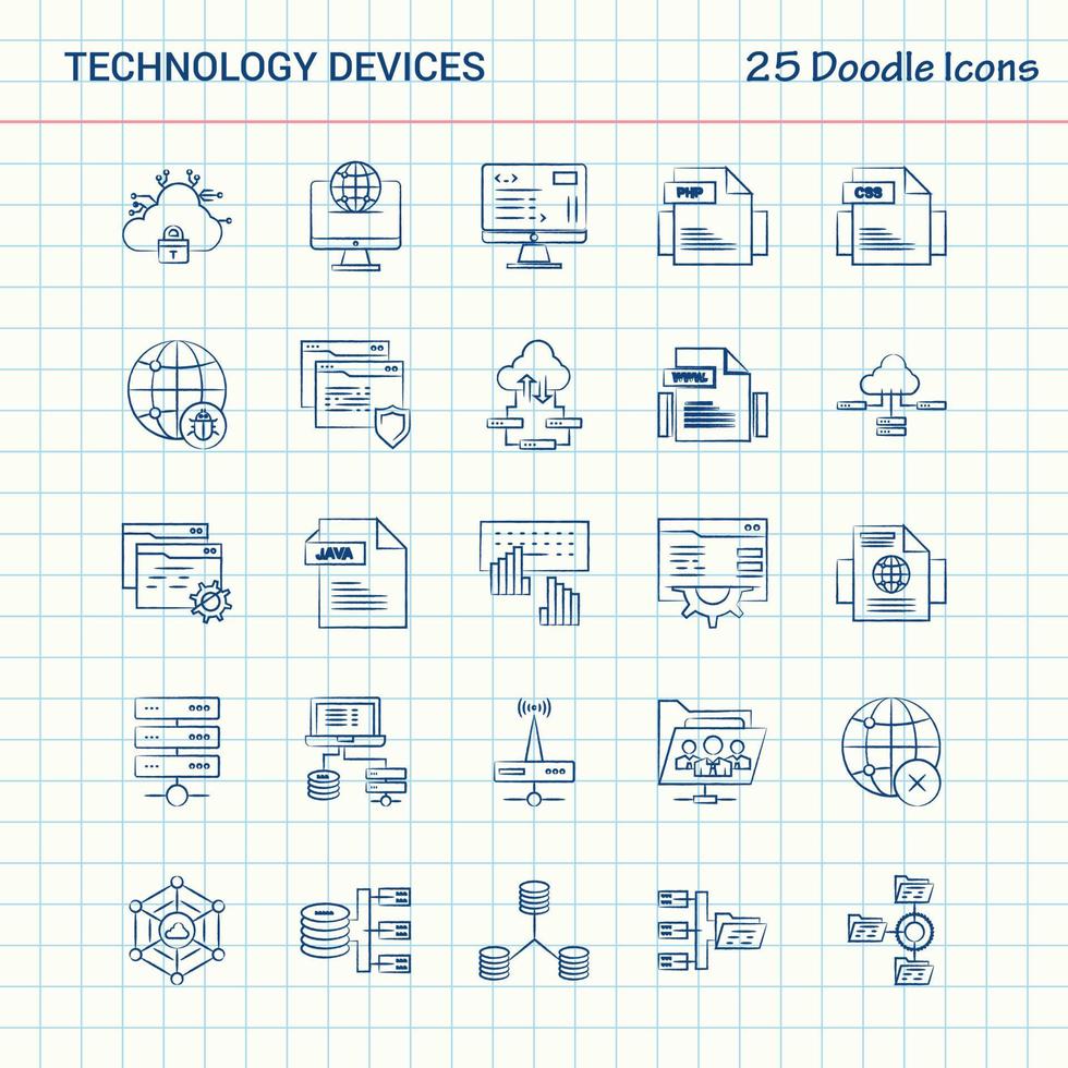 dispositif de technologie 25 icônes doodle jeu d'icônes d'affaires dessinés à la main vecteur